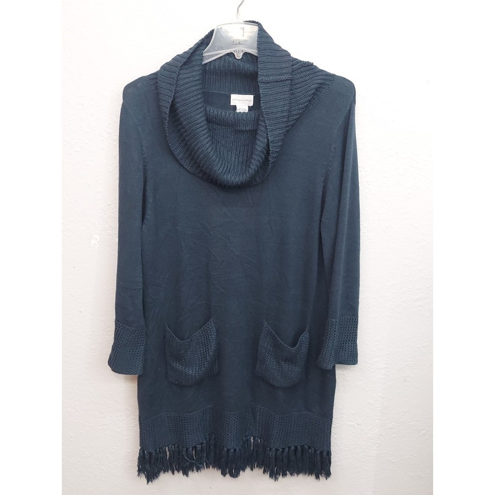 Soft Surroundings Sweater Dress Womens XL Blue Fringe Hem Cowl Neck Pockets Boho